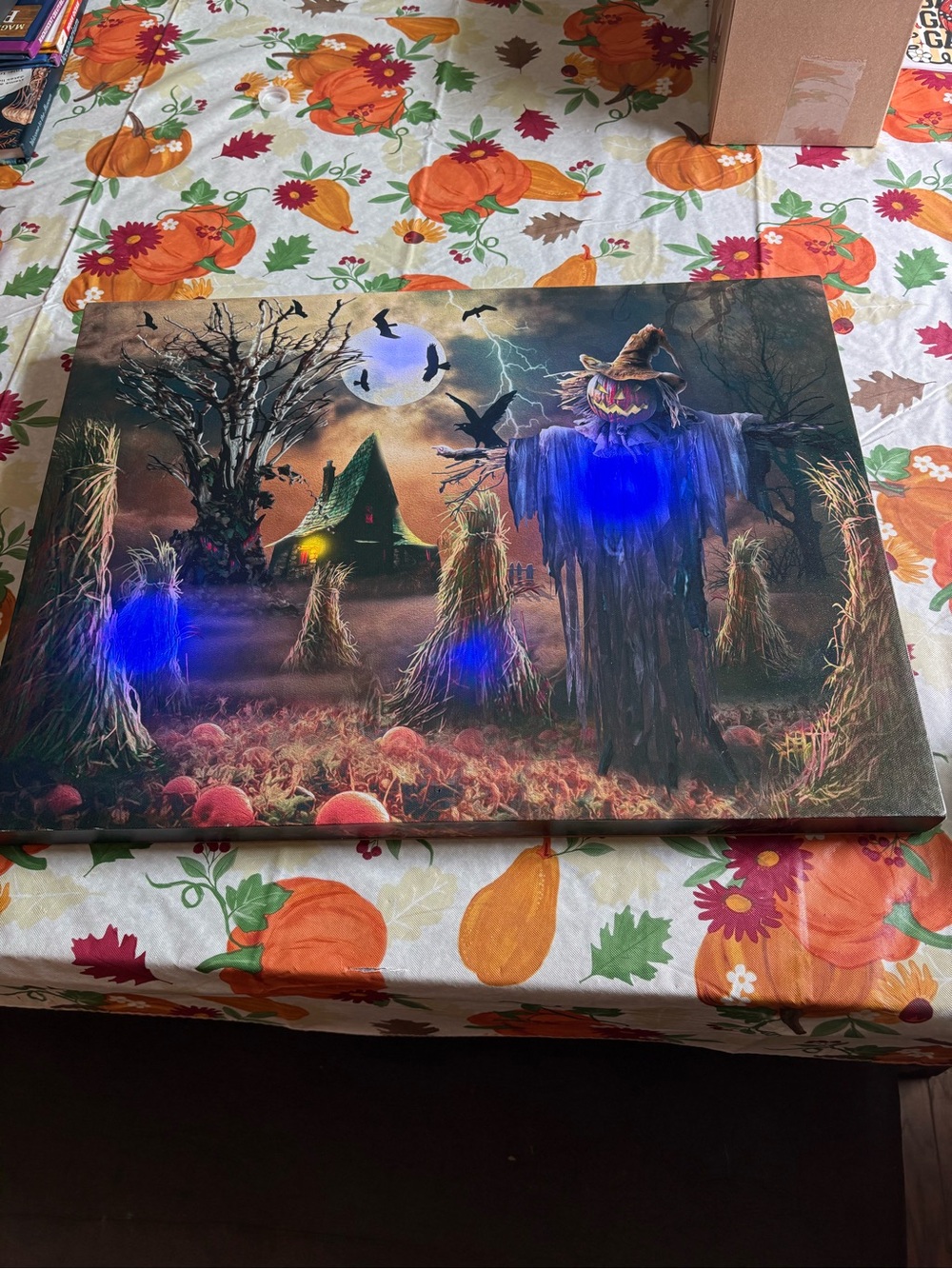 Halloween Scarecrow Canvas Wall Art - Pumpkins & Haunted House